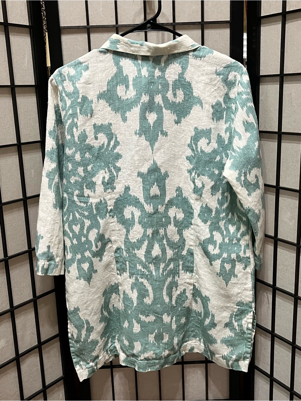 CONNIE ROBERSON TEAL & WHITE IKAT PRINT LINEN BUTTON DOWN SHIRT/TUNIC SIZE M - Picture 5 of 11